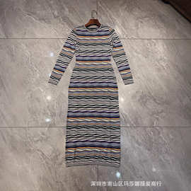 法式南油25夏新款女装名媛风金丝彩虹配色修身针织连衣裙长裙