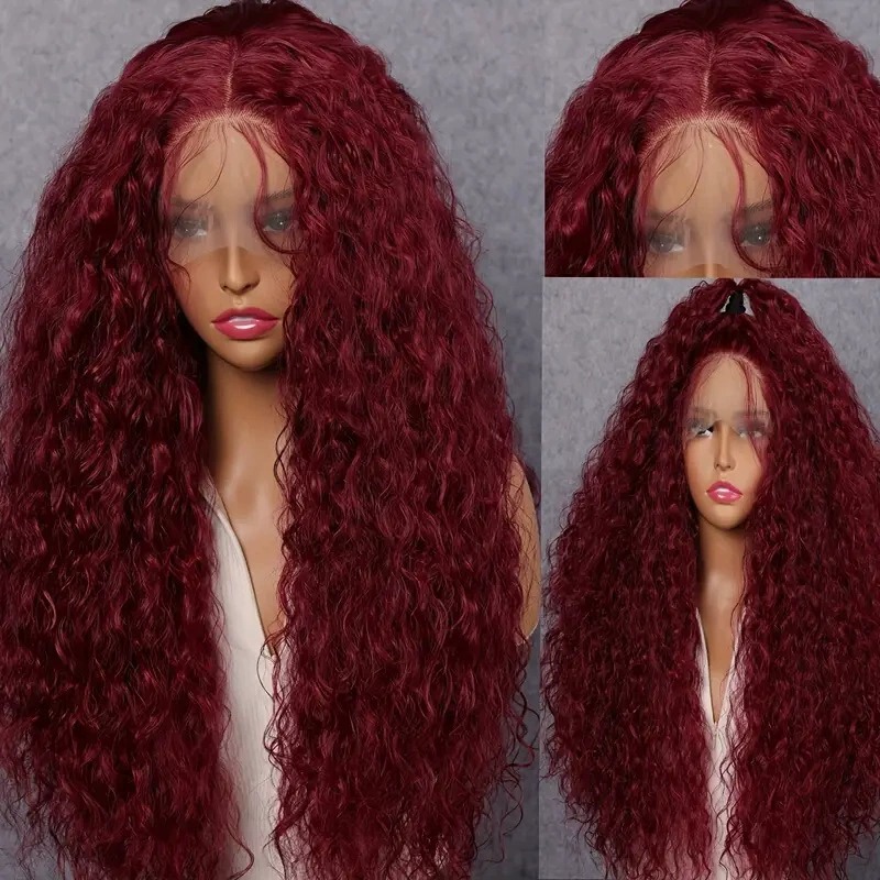 Cross-Border European and American Fashion Lace Front Wig Burgundy Middle Part Long Curly Hair Foreign Trade African Small Curly Wigs in Stock