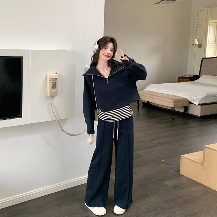 藏蓝色韩系减龄卫衣套装女秋季2025新款条纹背心休闲阔腿裤三件套|undefined