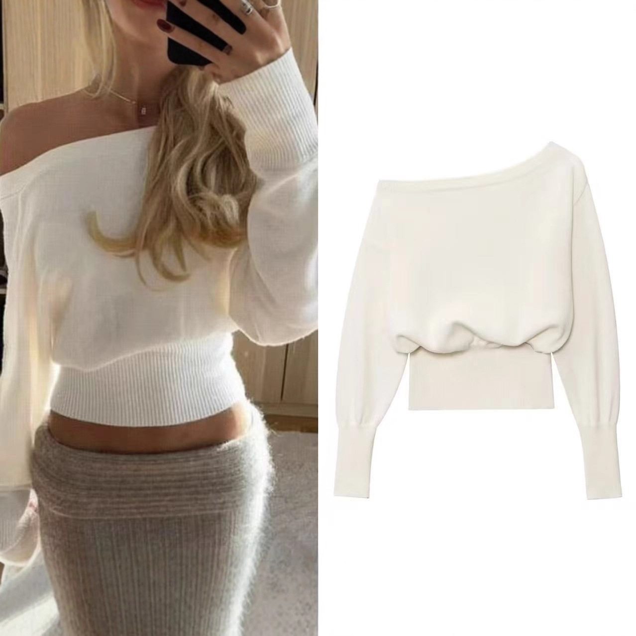 2025 Autumn New European and American Cross-Border Women's Off-Shoulder Loose Slimming One-Shoulder Bottoming Sweater