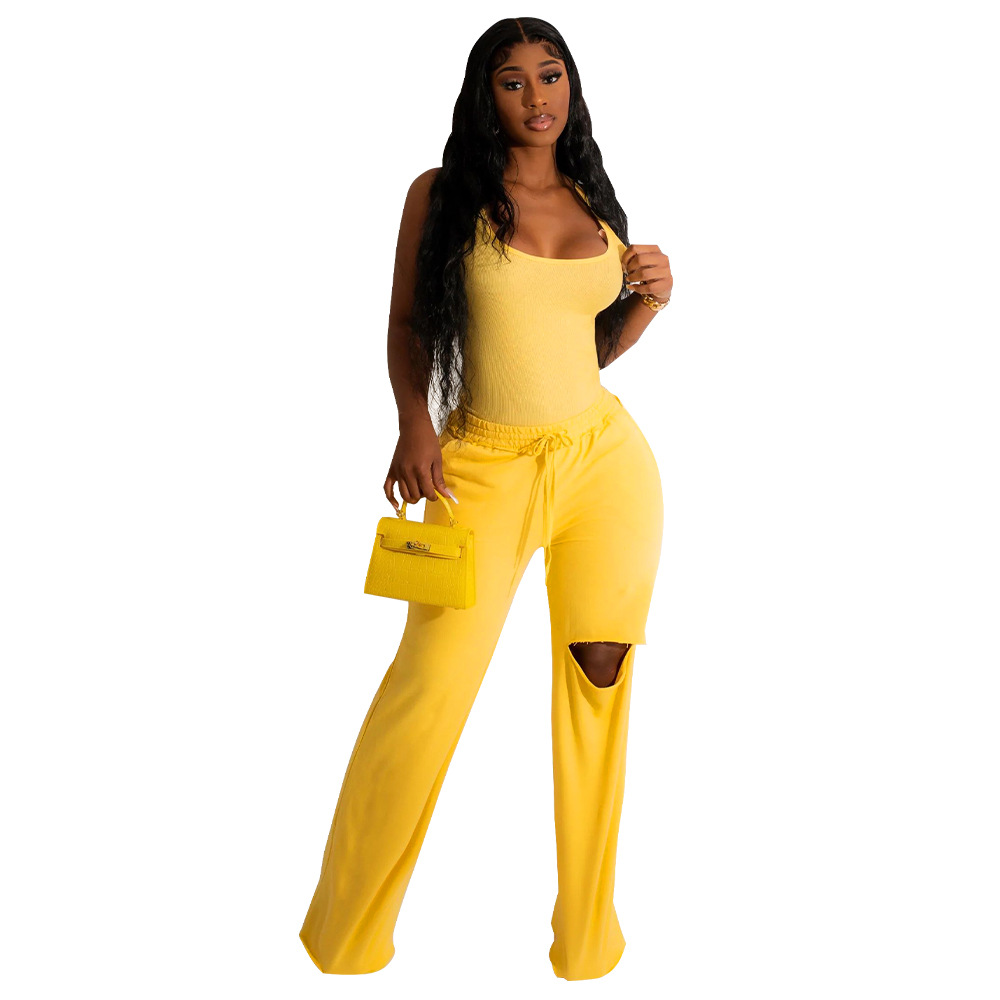K Women's Solid Color U-neck Jumpsuit With Ripped Wide Leg Pants Set New_voghion.com