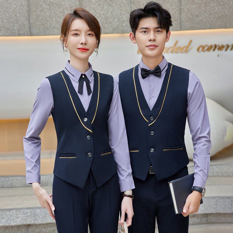 三件套前台接待餐厅饭店服务员工作服印字绣logo男女马甲衬衫套装