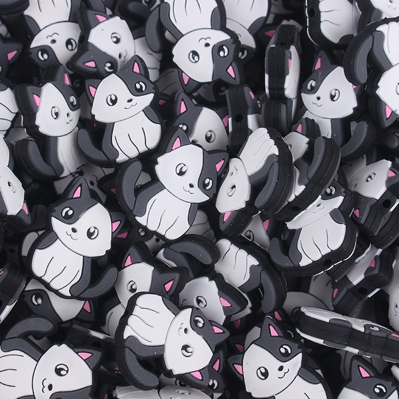 Joyas europeas y americanas, cuentas de silicona de dibujos animados, accesorios para bolígrafos, brazalete de bricolaje, collar, cuentas de goteo de gato de agujero recto