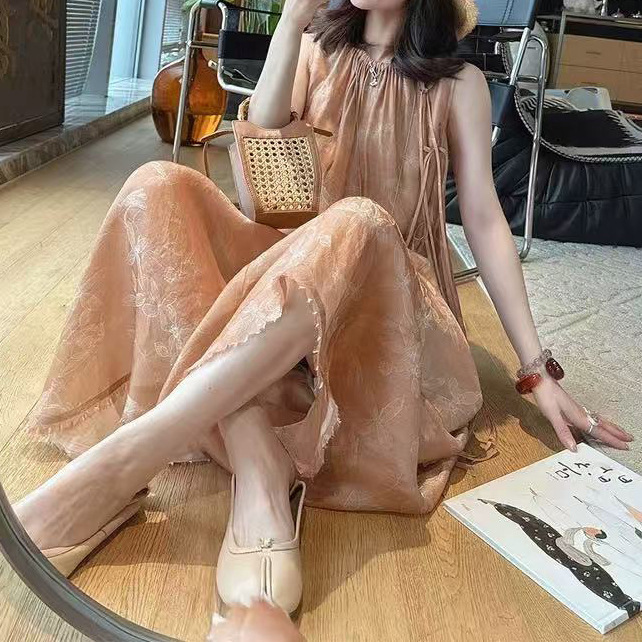 26 Spring/Summer Sketch Dress: Silk Jacquard Design, Round Neck, Tie Strap, Sleeveless Mulberry Silk Dress, Loose Long Dress 26 Spring/Summer Sketch Dress: Silk Jacquard Design, Round Neck, Tie Strap, Sleeveless Mulberry Silk Dress, Loose Long Dress