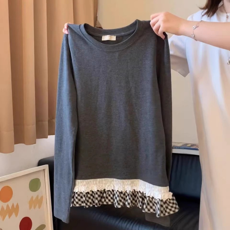 American High Street Style Bf Lace-Trimmed Long-Sleeve T-Shirt for Women 2026 Spring and Autumn Thermal Base Layer Top