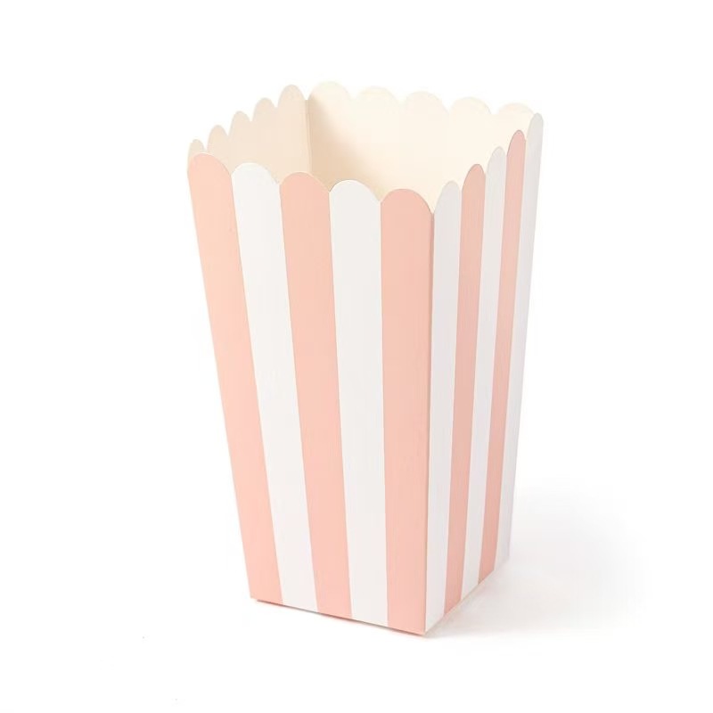 Cajas de palomitas de maíz rosas al por mayor transfronterizas con lunares y rayas, cajas de embalaje onduladas, 12 unidades/paquete, para snacks y alimentos.
