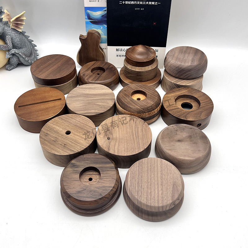 定制黑胡桃灯座充电触控USB款实木小夜灯桌面摆件工艺品发光底座