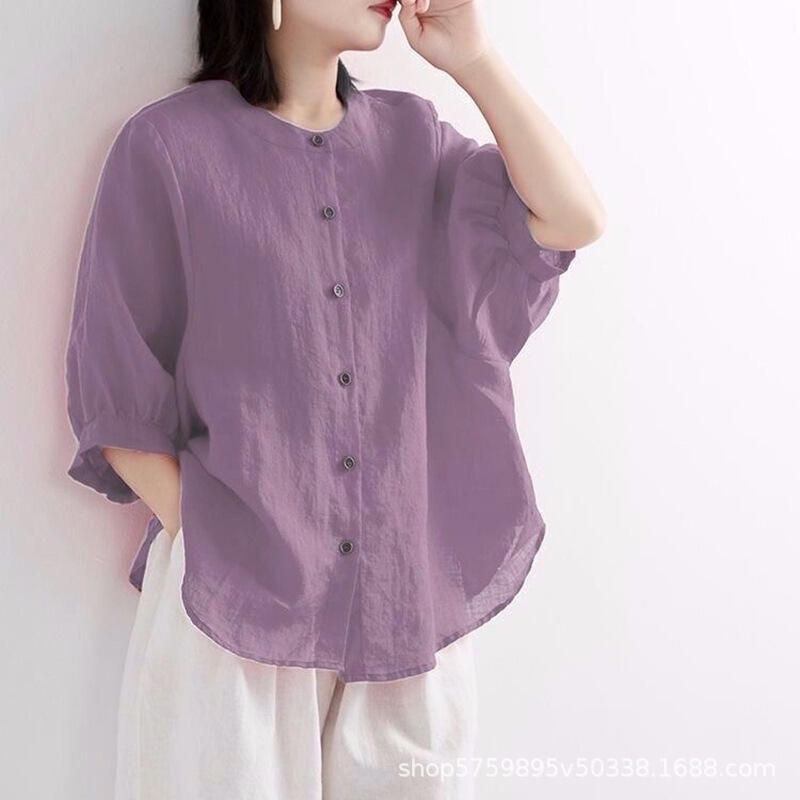春と秋の新作コットンとリネンのシャツ、女性用ランタンスリーブ、レトロな文学トップス、女性用の大きいサイズのルーズミッドスリーブシャツ、トレンディです。|undefined