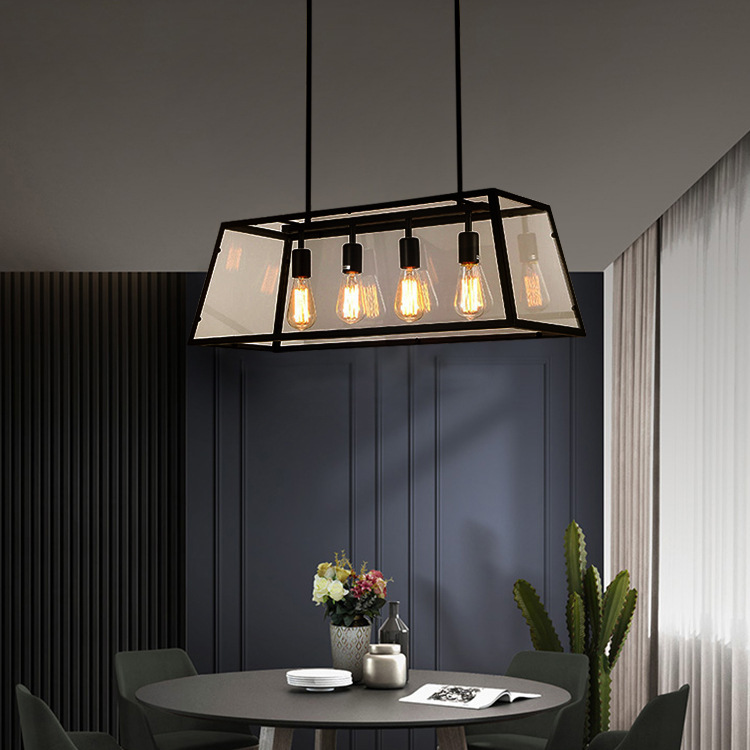 Araña de marco de vidrio rectangular de estilo industrial, restaurante de personalidad estadounidense, restaurante de olla caliente, bar, barra, lámpara de hierro forjado