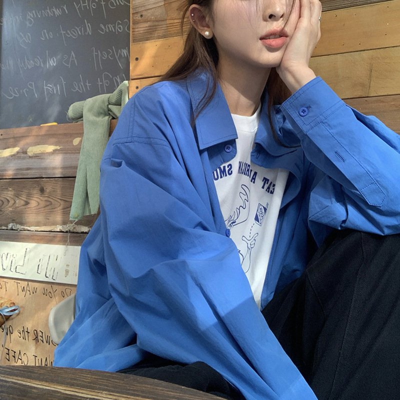 Blue Shirt for Women 2026 Autumn New Korean Style Loose Casual Design Long-Sleeved Shirt