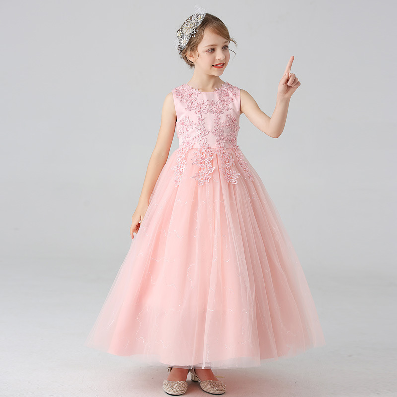Sleeveless Lace Children's Long Dress for Girls, Sequined Tulle Princess Dress, Flower Girl Wedding Piano Performance Long Dress