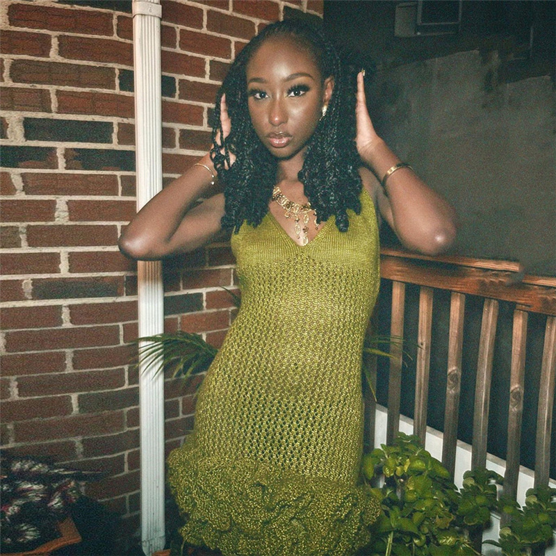 2024 Abito da donna nuovo sexy con bordo auricolare in legno cavo, lavorato a maglia, con fascia avvolgente_voghion.com