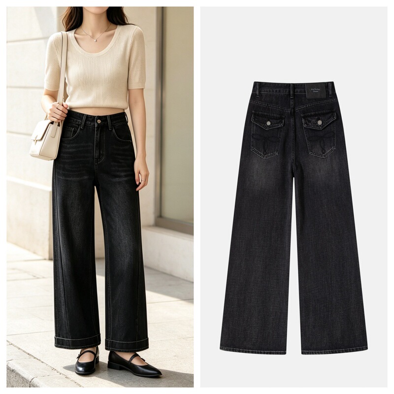 2026 Autumn Black and Gray Split Seam Wide-Leg Jeans High-Waisted Loose Fit Slimming Versatile Non-Stretch Narrow Wide-Leg Pants 2026 Autumn Black and Gray Split Seam Wide-Leg Jeans High-Waisted Loose Fit Slimming Versatile Non-Stretch Narrow Wide-Leg Pants