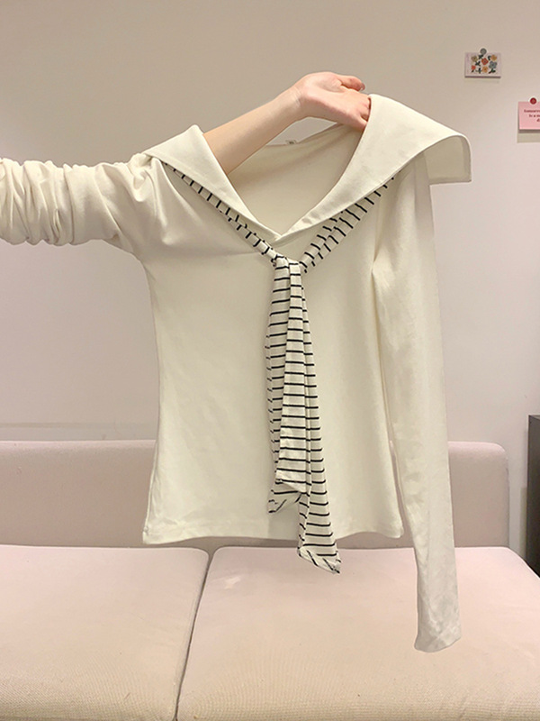 学院风白色海军领假两件长袖t恤女早秋修身miu系条纹领带v领上衣|undefined