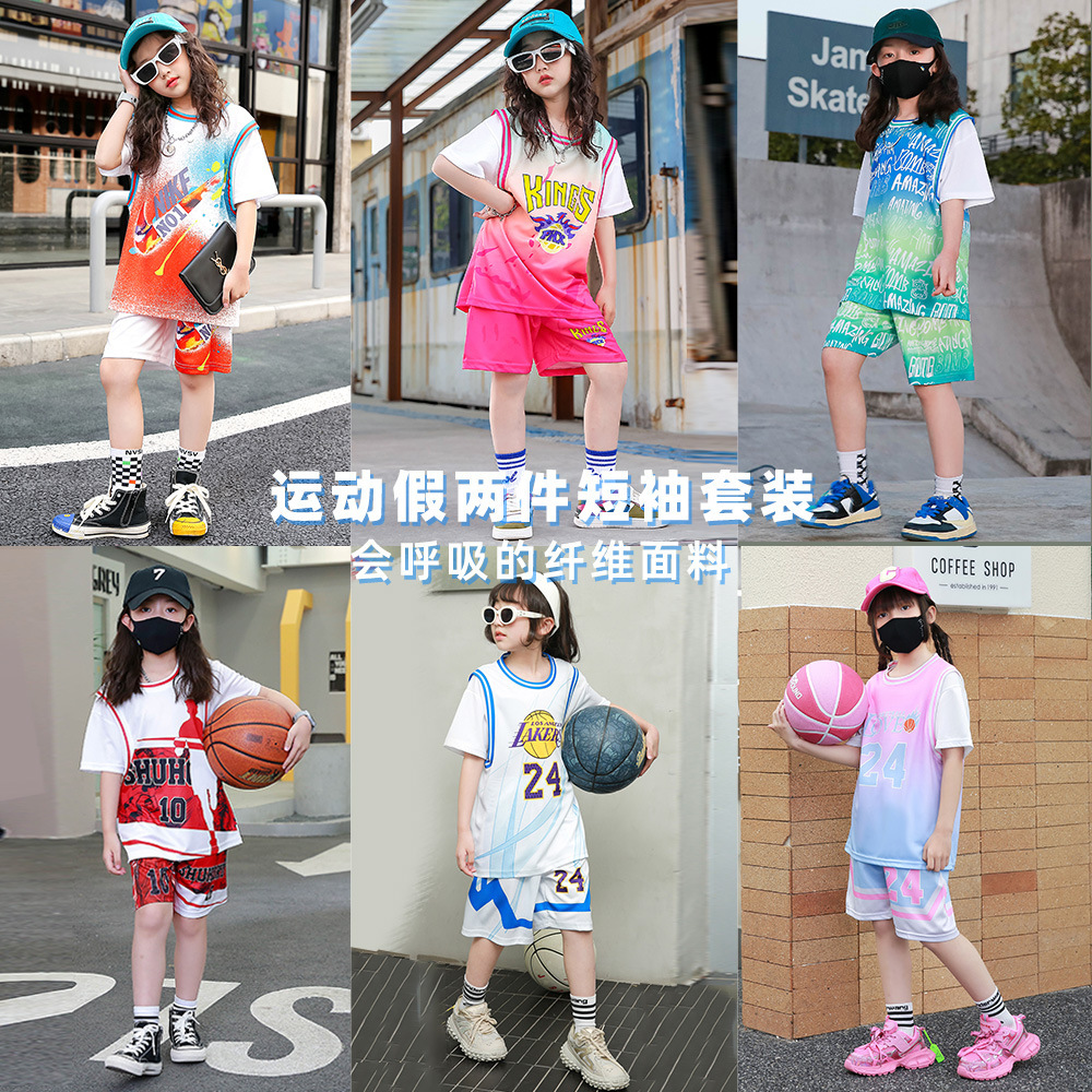 Children's Basketball Uniform Suit Boys and Girls Fake Two-Piece Quick-Drying Sports Training Suit Printed Short-Sleeved Jersey Group Purchase