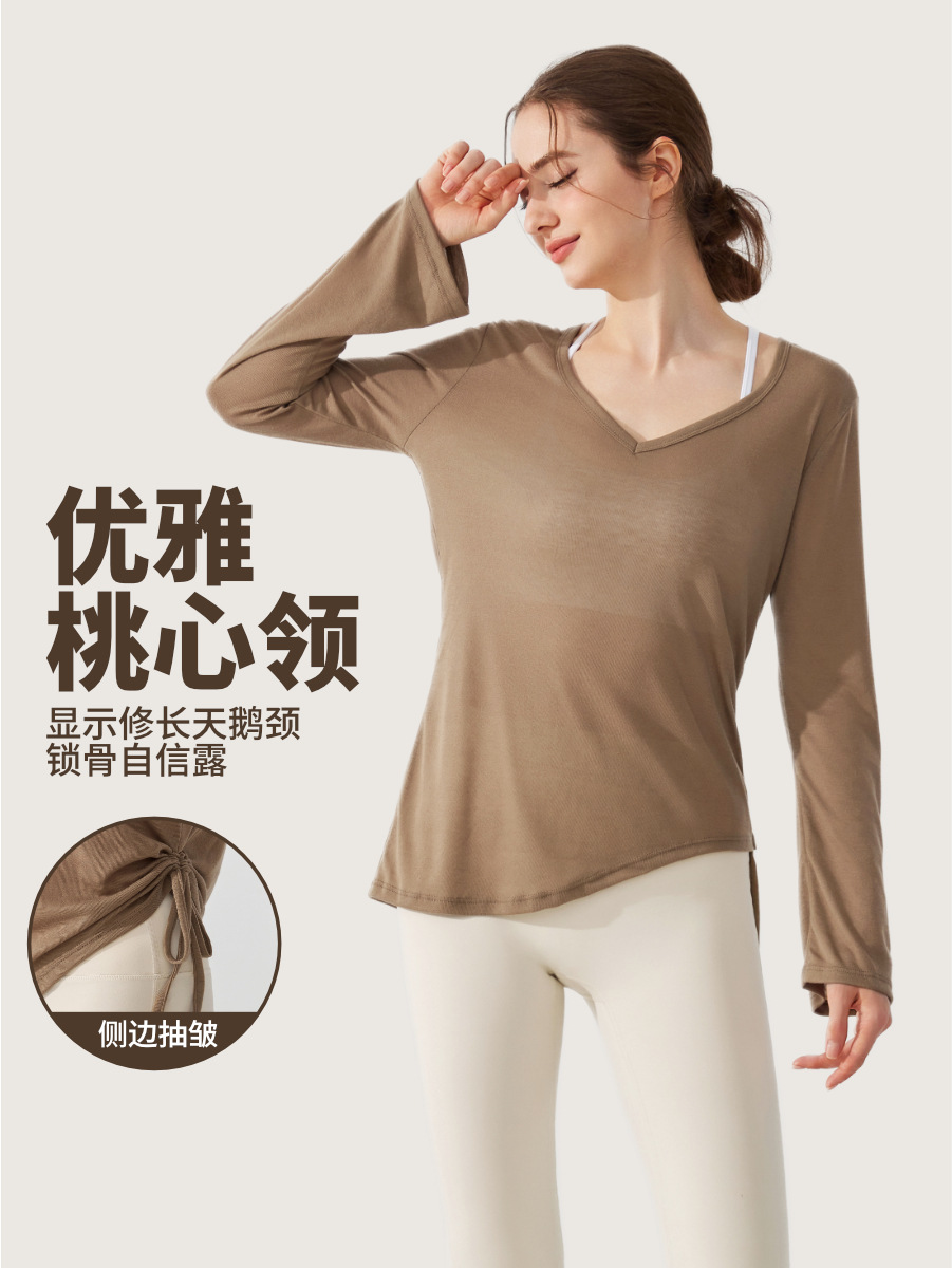 Casual suelto camisa de abrigo de manga larga cubierta de cadera de mujer plegado camiseta de cuerda pilates ropa de yoga