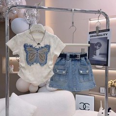 Girls' Butterfly Short-Sleeve Denim Shorts Set 2024 New Fashion Trendy Summer Butterfly Short-Sleeve Denim Skirt