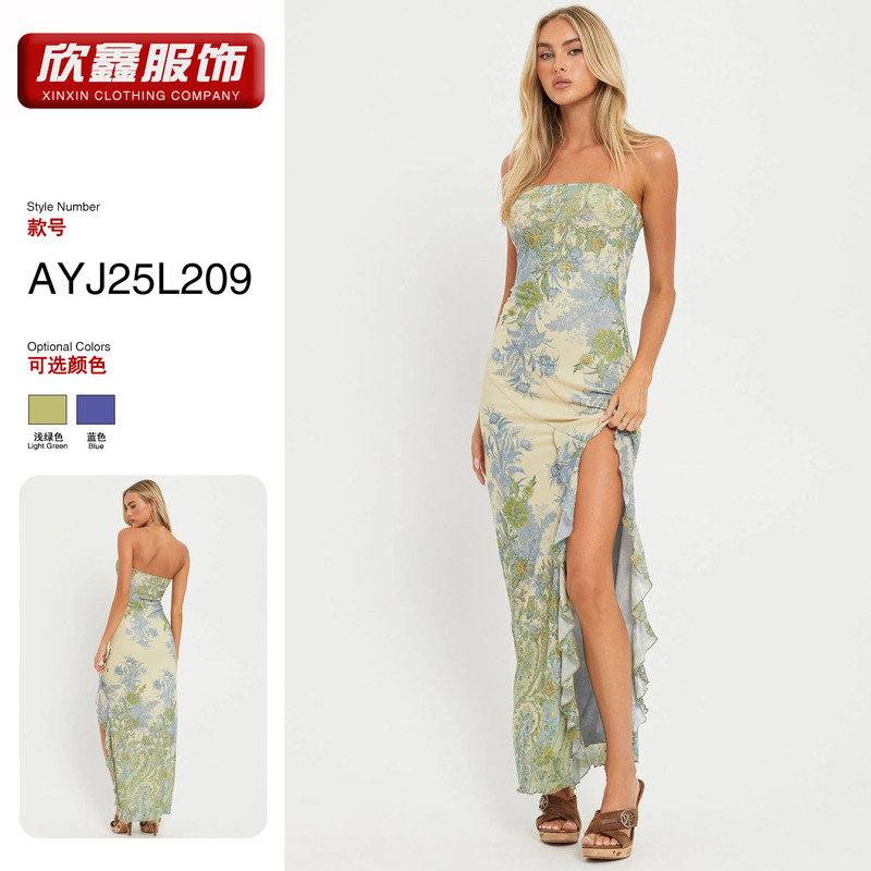 Amazon's New Foreign Trade European and American Style Elegant Dress, Cross-Border Mesh Printed Slim-Fit Strapless Long Dress