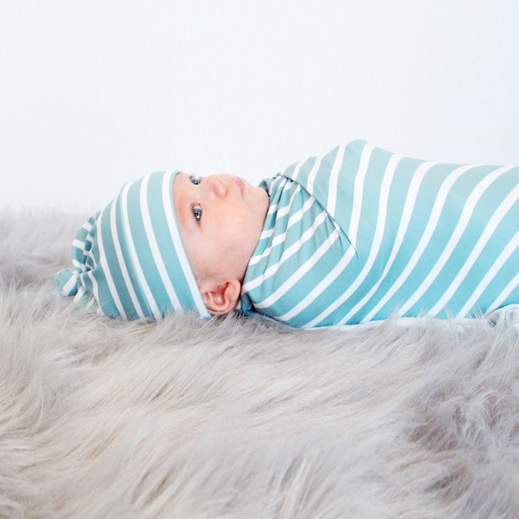 Sky Blue Stripes Baby Wrapping Cloth Swaddling Hat Quilt Suit Wholesale Nihaojewelry display picture 1