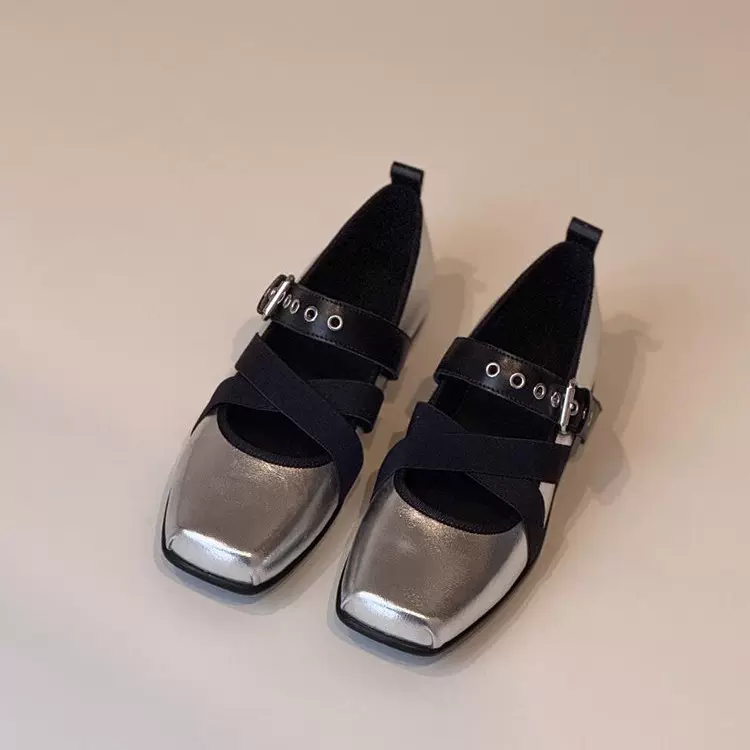 2026春季法式芭蕾风交叉带方头玛丽珍鞋女一字扣浅口运动平底单鞋