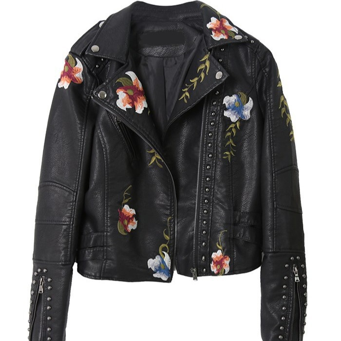 Women's Clothing Spring Supply Light Mature Temperament Embroidered Rivets Women's PU Heavy Metal Fashion Leather Women's Short Jacket_voghion.com