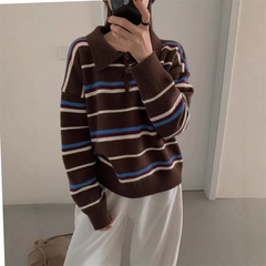 韩系秋冬新款学院风复古条纹休闲套头毛衣减龄polo翻领针织衫上衣