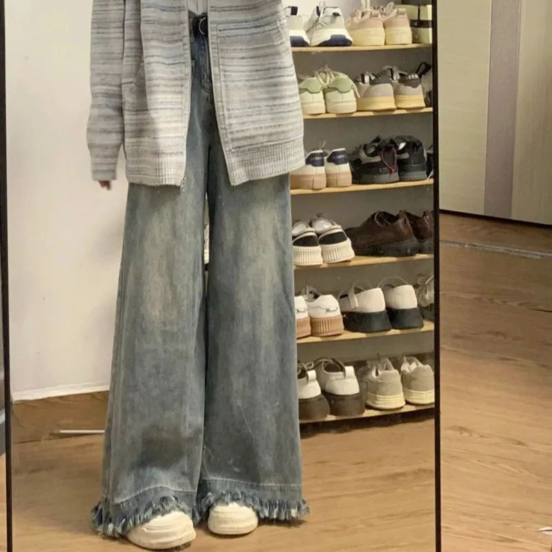 (2개) 오래 된 레트로 모직 넓은 다리 청바지 여성의 봄과 가을 작은 높은 허리 슬리밍 느슨한 복용량 긴 유행 바지