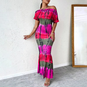product - wholesale Women Clothing Printed Short Sleeve Diagonal Collar Slim Fit Sexy Dress Maxi Dress - 2