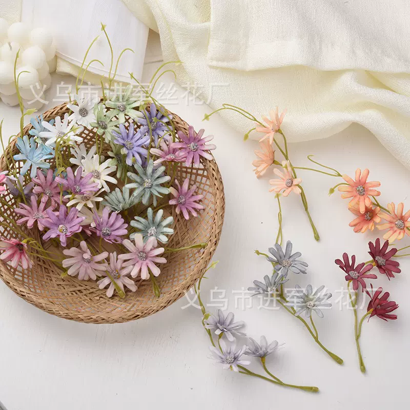 新款仿真花3头小雏菊婚庆装饰花排diy插花酒店家居装饰仿真花批发
