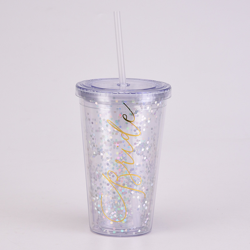 Nuevo regalo transfronterizo taza de boda 16oz doble capa de plástico taza de paja taza transparente simple taza de plástico para las mujeres