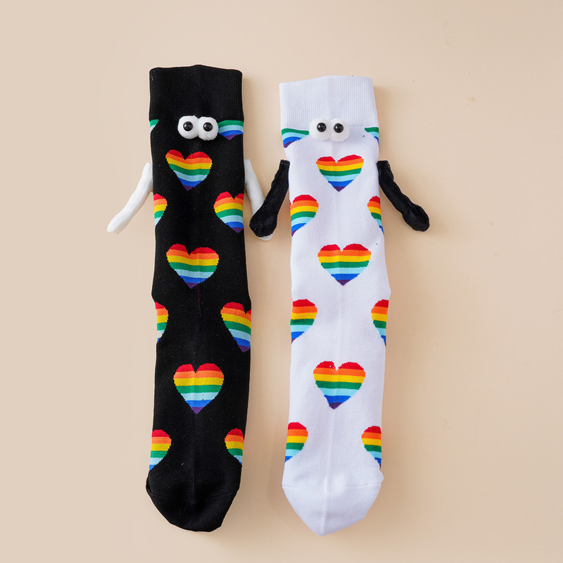 Women's Hand-Holding Magnetic Mid-Calf Socks New Striped Heart Casual Rainbow Funny Couple Interesting Manufacturer Wholesale Model