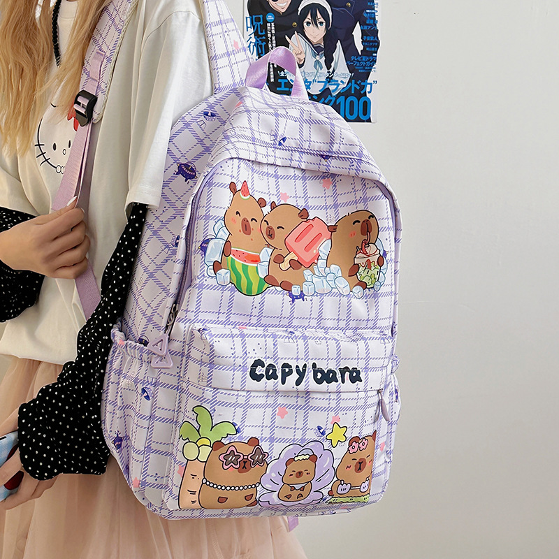 Mochila de dibujos animados lindo para estudiantes de secundaria y secundaria Mochila de mujer con estampado de Kapibala linda y divertida Mochila de gran capacidad de estilo occidental