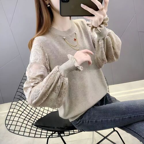 Spring New Arrival Round-Neck Pullover Hollow-Out Sweater for Women, Loose-Fitting Lace Fashion Top, Knitted Base Layer Shirt for Outwear