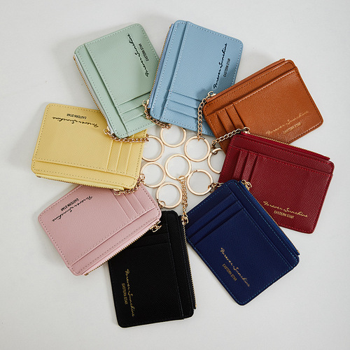 Cross-border solid color multi-card slot card holder Korean style zipper women's coin purse mini keychain small wallet bag