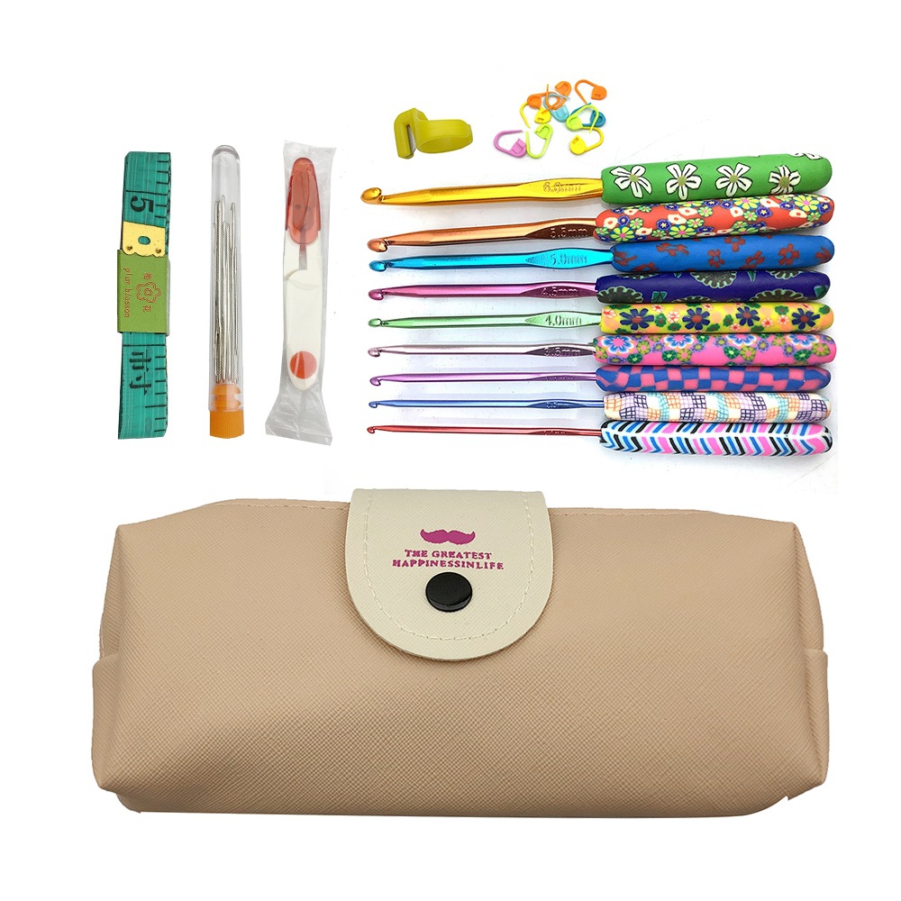 Nuevas herramientas de ganchillo color impresión crochet traje suave cerámica ganchillo 14 unids/set bolso del OPP 14 unids