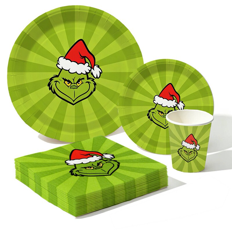 Christmas Grinch-themed disposable party supplies set, including paper plates, paper cups, napkins, and tableware Christmas Grinch-themed disposable party supplies set, including paper plates, paper cups, napkins, and tableware