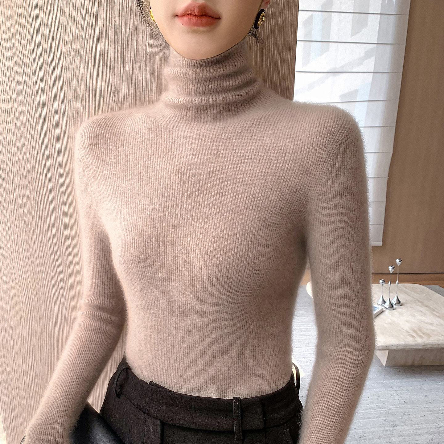 Seamless One-Line Ready-To-Wear Women's Turtleneck Knitted Bottoming Shirt Autumn and Winter New Slim Fit Pile Collar Pullover Long-Sleeved Sweater for Women