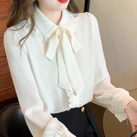 艾繆丝蝴蝶结衬衫女长袖2025年秋装新款女士设计感小系带雪纺上衣