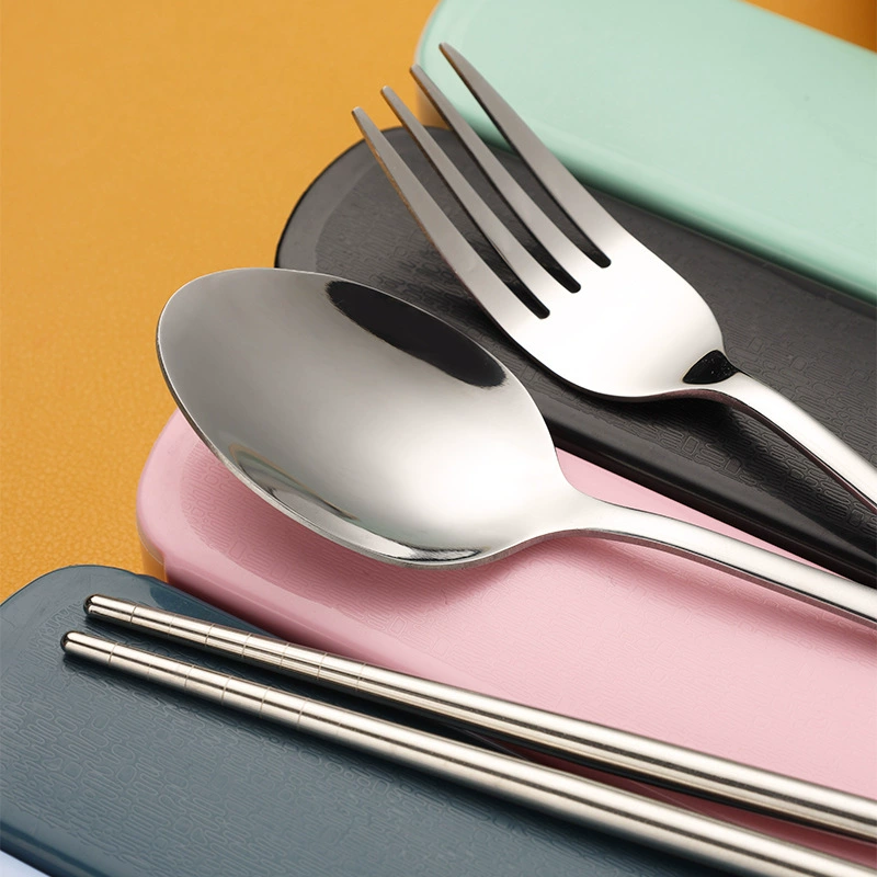 Handheld tableware stainless steel, travel set for elementary school students, storage box, chopsticks, 3 piece set, wholesale