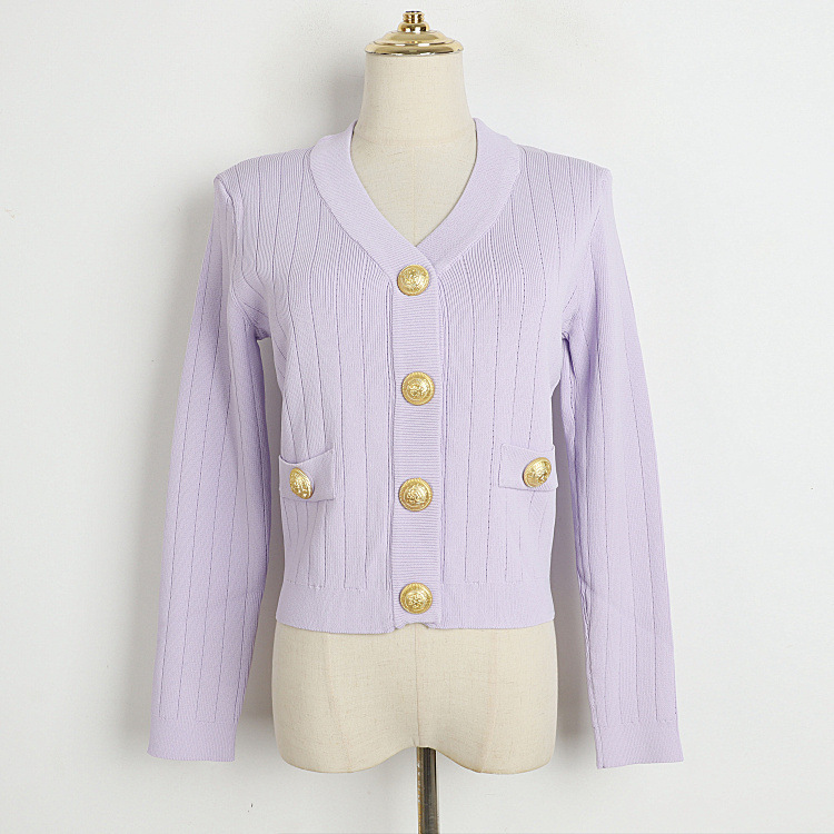 Spring and Autumn New Knitted Sweater for Women 2026 French Style Elegant Metal Button Long Sleeve Ribbed Candy Color Jacket Top