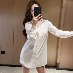 White Shirt Women's Mid-length Korean-style bf Looser Sexy Pajamas Long-sleeved Top Chiffon Base Shirt Dress