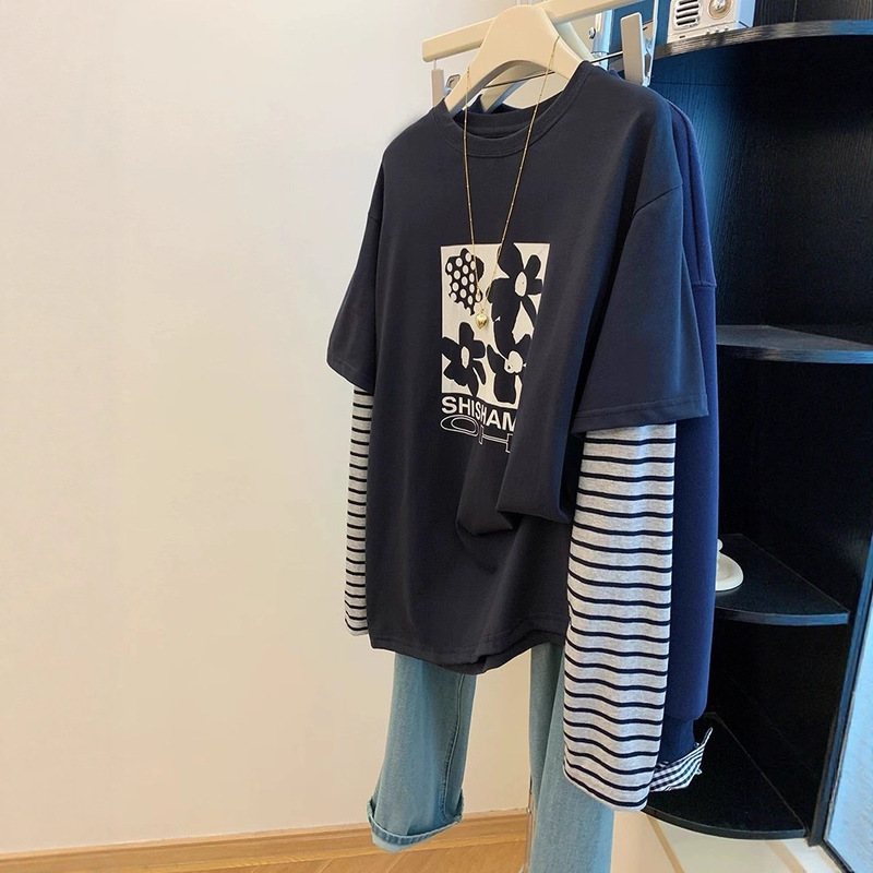 Extra Large Size 150kg Fashion Splicing Stripesd Long-Sleeved T-Shirt for Women Early Autum New Fashion Fake Two-Piece Round Neck Top