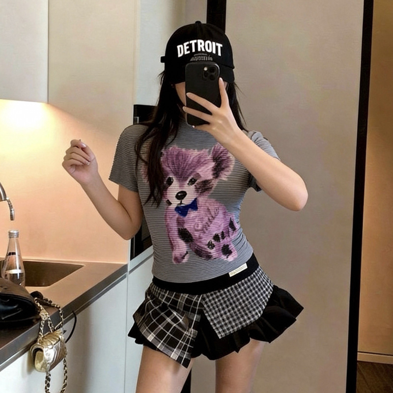 Miyake-Style Cute Printed Short-Sleeve T-Shirt for Women, Summer Pleated Top, Half-High Collar, Japanese Style Slimming Blouse