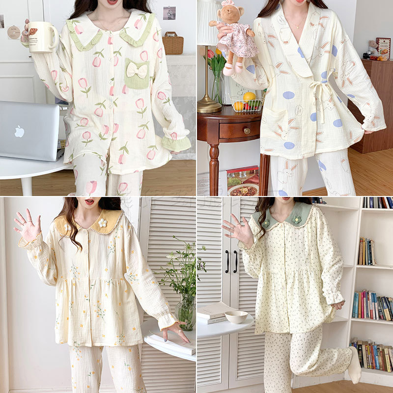 Cross-border confinement clothing pure cotton gauze spring and summer thin pregnant women plus size breathable nursing pajamas for postpartum nursing suit