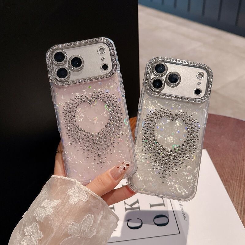 With Lens Film Shell Pattern Heart Diamond Suitable for Apple 17/16 Promax Mobile Phone Case 12/13 Pearl 14 Luxury