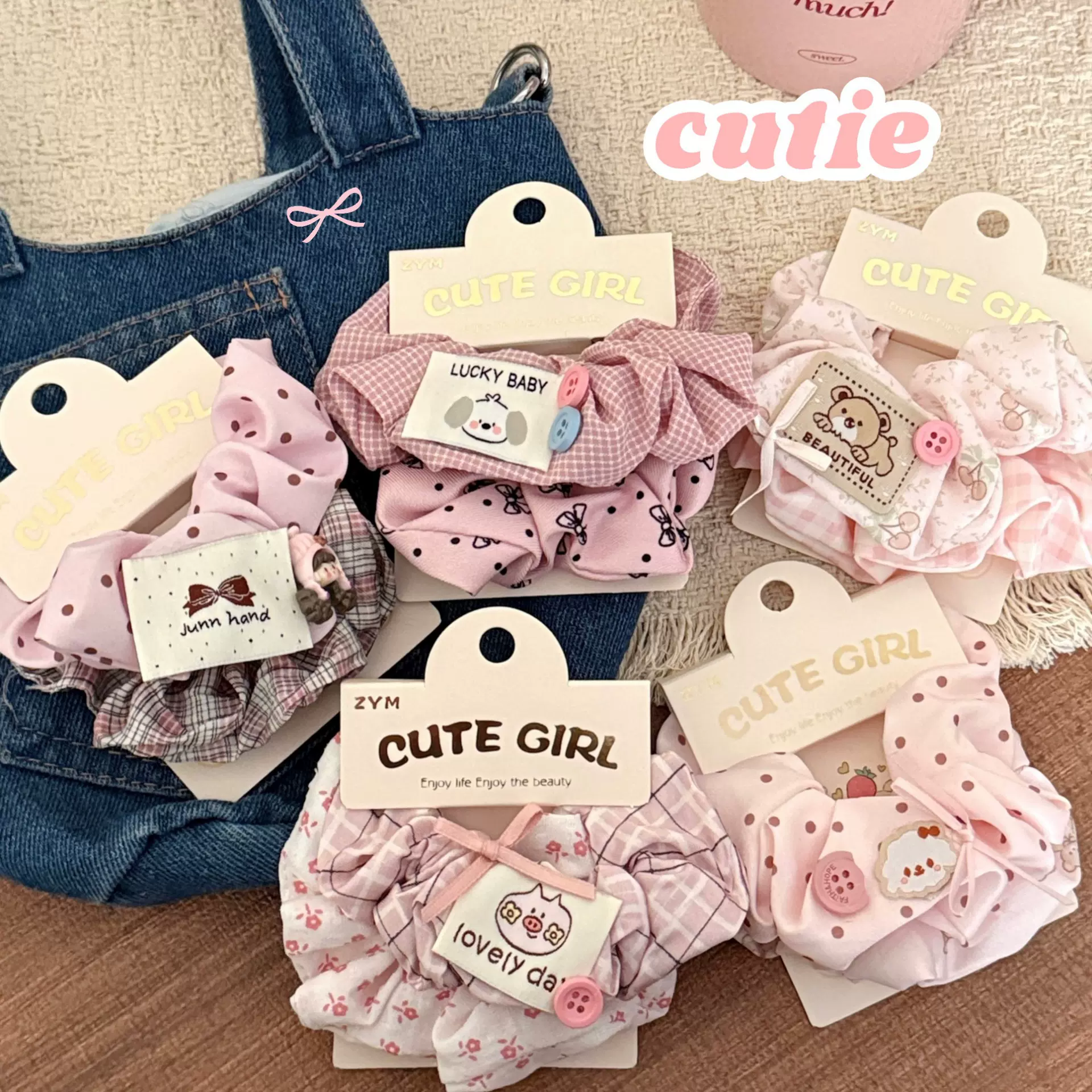 粉色系甜美百搭大肠发圈少女扎马尾发绳皮筋韩系波点格纹头绳批发