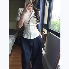 韩系气质条纹西装领短袖衬衫女夏季高级设计感衬衣修身收腰上衣