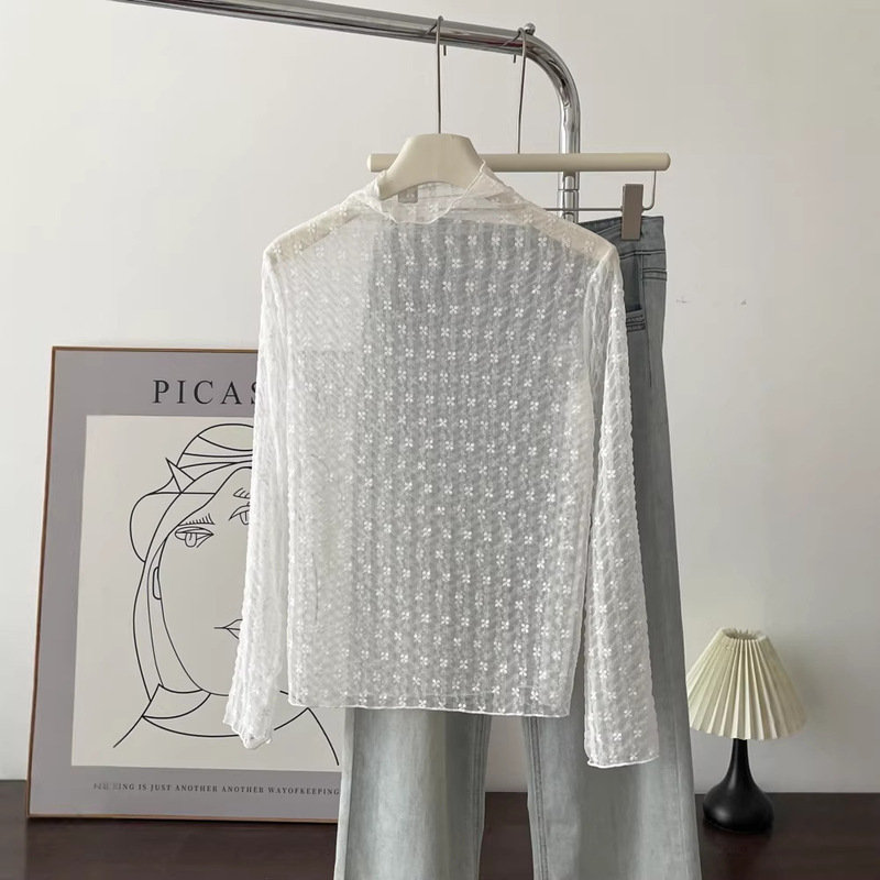 Hollow-Out Half-High Collar Long-Sleeve Lace Shirt for Women, Autumn 2026 Layered Sheer Top 66982026, Spicy Pure Desire Style