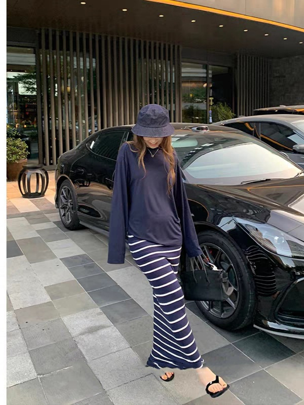 クールなテンセルスカート女性のコントラストストライプロングスカート夏の新しいスリムフィットスカート|undefined