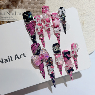 5.0 Extra Long Pointed Hand-Painted Zebra Pattern Kt Sexy Wearable Nails Classy Personalized European and American Nails Handmade and Reusable